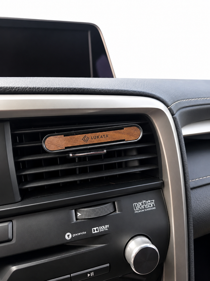 Car Air Freshener Set – Metal Holder with Engraved Wooden Plate, 2 Scented Sticks and 10 ml Fragrance Oil