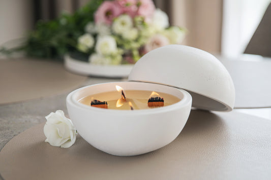 Large White Gypsum Sphere Candle with 4 Wooden Wicks – Natural Coconut Wax in Gift Box