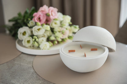 Large White Gypsum Sphere Candle with 4 Wooden Wicks – Natural Coconut Wax in Gift Box