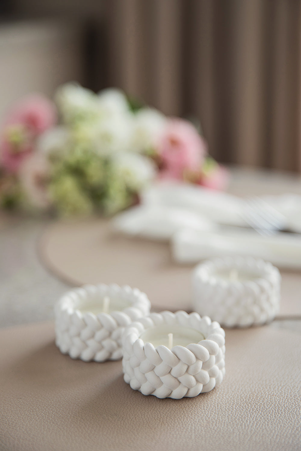 White Gypsum Tealight Candle Holder Set of 3 – Minimalist Design with Rope Detail set of 3