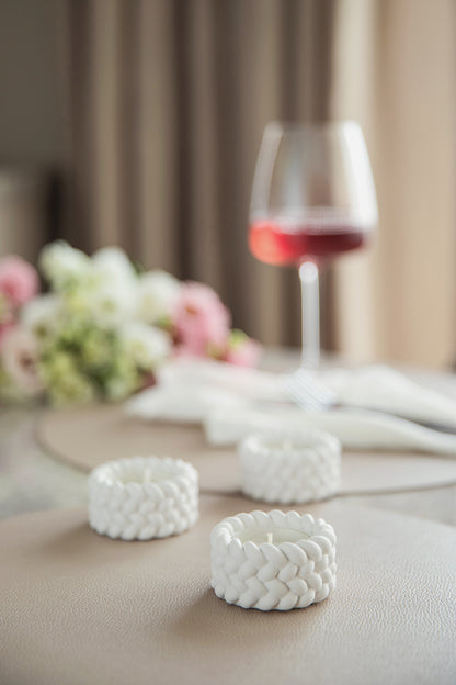 White Gypsum Tealight Candle Holder Set of 3 – Minimalist Design with Rope Detail set of 3