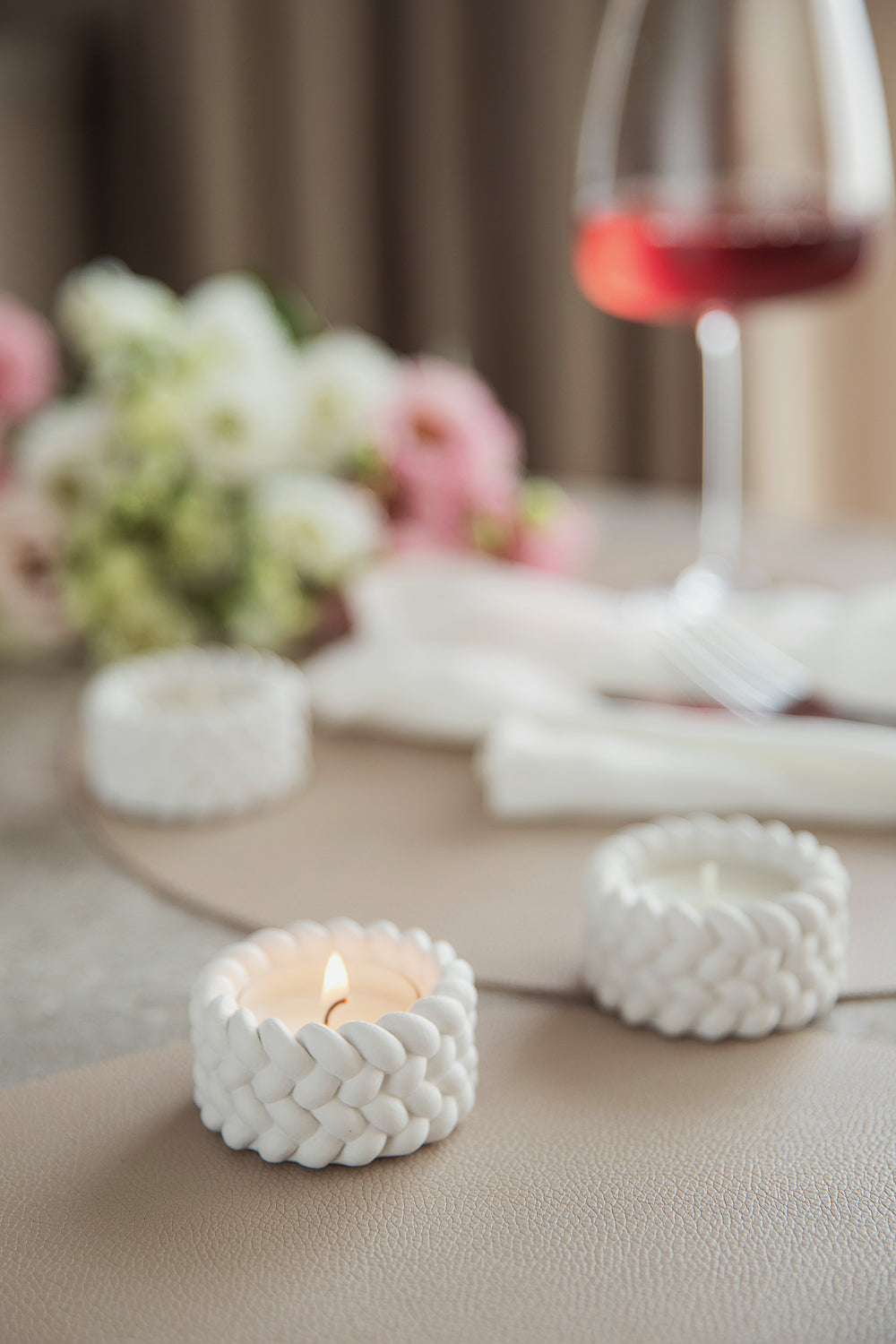 White Gypsum Tealight Candle Holder Set of 3 – Minimalist Design with Rope Detail set of 3