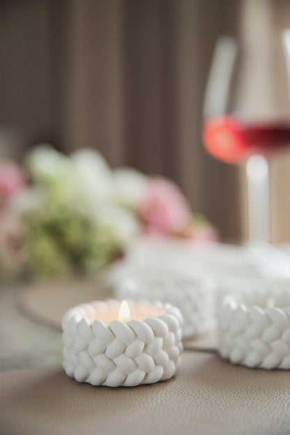 White Gypsum Tealight Candle Holder Set of 3 – Minimalist Design with Rope Detail set of 3