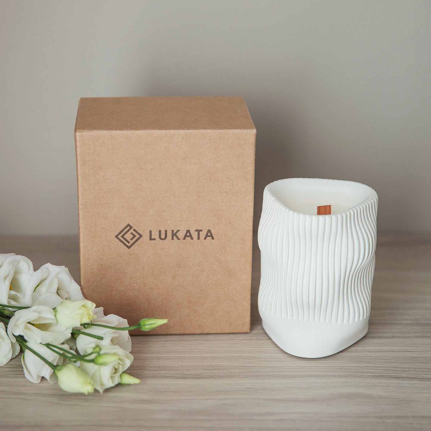 Scented Candle with Coconut Wax and Wood Wick in a Wavy Gypsum Jar