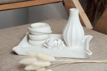 White Gypsum Home Decor Set – Tray, Candle, Flower, Vase & Dried Flowers