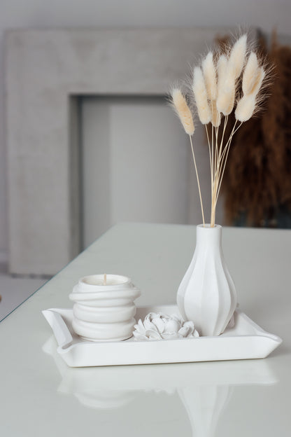 White Gypsum Home Decor Set – Tray, Candle, Flower, Vase & Dried Flowers