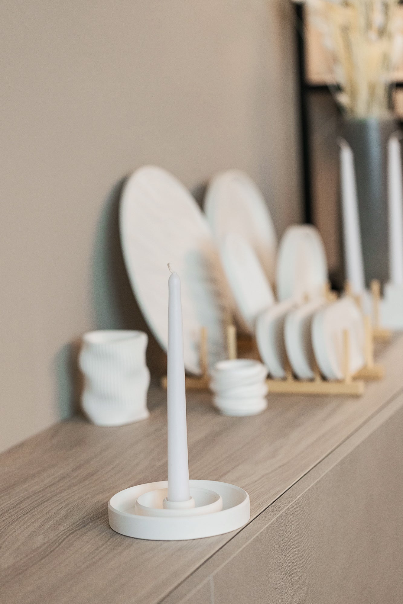 White Round Gypsum Candlestick Holder for Long Candles - Home Décor