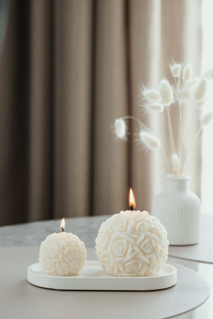 Elegant Rose Ball Candle Duo with Gypsum Tray – Perfect for Home Decor and Gifting