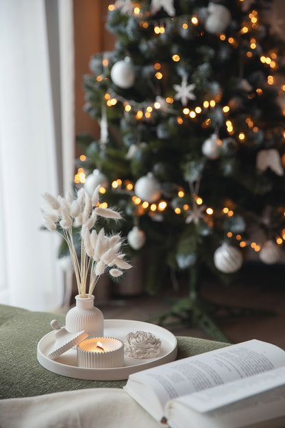 Gift Set of Scented Candle with Large Tray, Vase and Peony Flower - Elegant Gypsum Home Decor