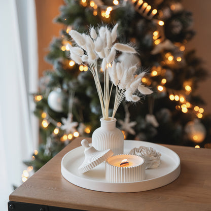 Gift Set of Scented Candle with Large Tray, Vase and Peony Flower - Elegant Gypsum Home Decor