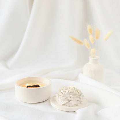 Peony - Embraced Scented Coconut Wax Candle with Wood Wick in Gypsum Jar